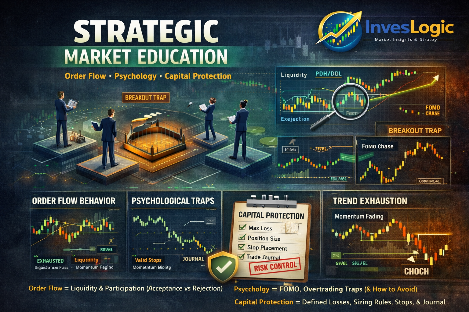 Strategic market education showing order flow, trading psychology, trend exhaustion and capital protection framework