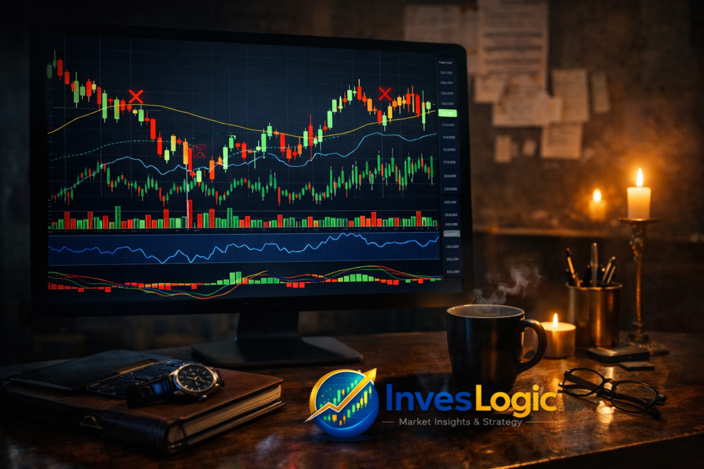 Advanced technical analysis chart setup showing candlestick patterns, moving averages, RSI and MACD indicators for Indian stock market trading insights