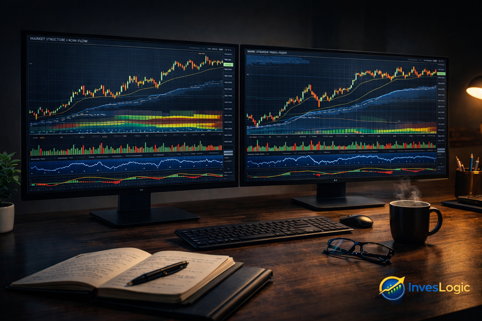 NIFTY 50 market structure and flow analysis with technical indicators, liquidity zones, volatility cycles and institutional activity charts displayed on dual trading monitors