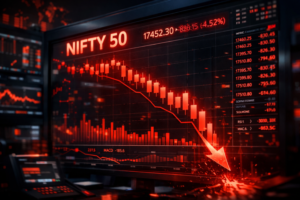 Stock market crash concept, NIFTY 50 index falling sharply on a digital trading screen, red candles dropping down, dramatic lighting, financial data charts glowing, modern trading environment, dark theme, cinematic, ultra realistic, 4k, high detail
